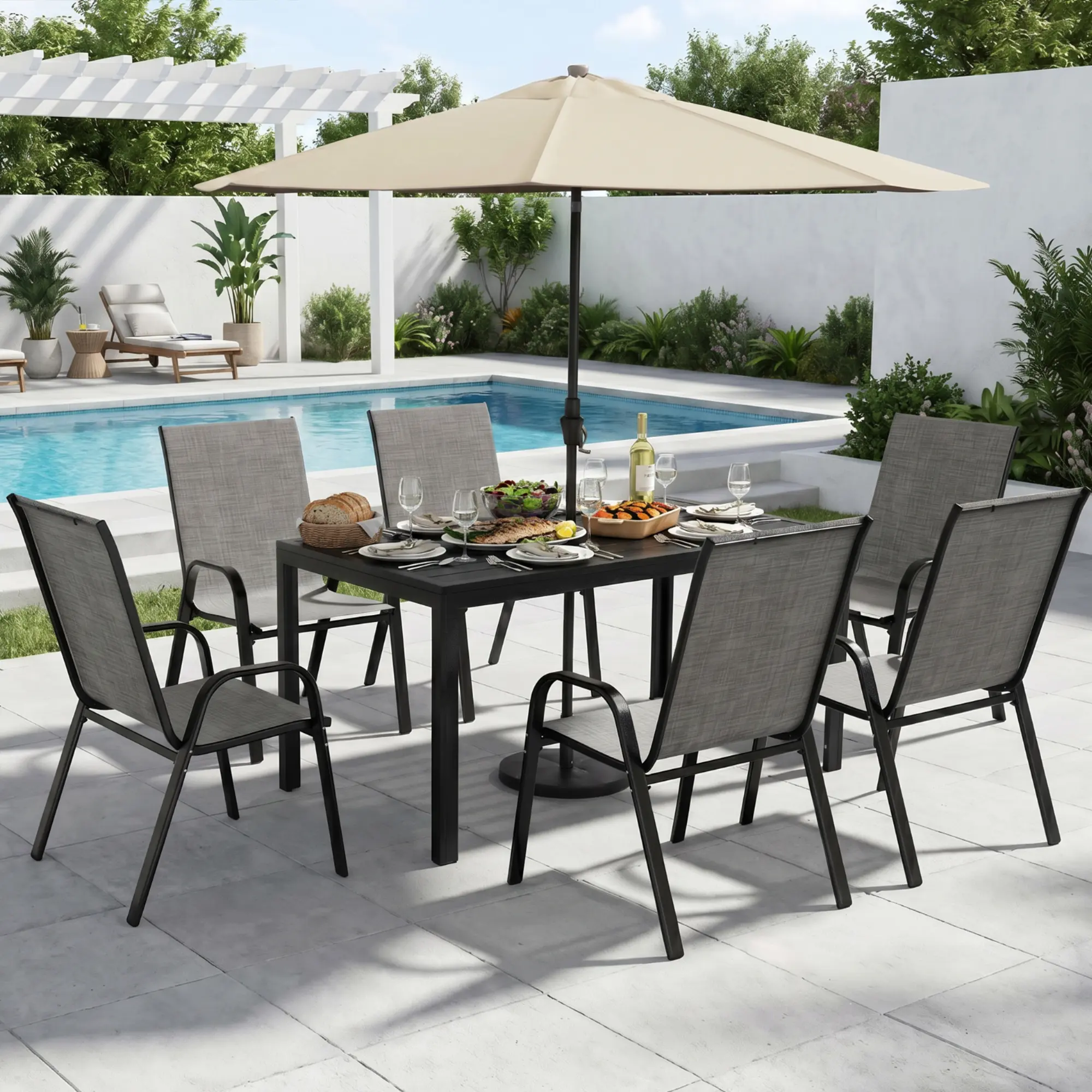 【SHIPS IN 2 BOXES】Pamapic Outdoor Dining Sets for 6, Rectangular Steel Slat Table with 6 Textilene Chairs, 7 Piece Patio Table and Chairs Set with Umbrella Hole for Patio, Garden, Backyard and Poolside (Grey)