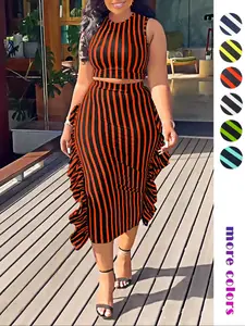 Women's Elegant Two-Piece Set, Striped Print Sleeveless Round Neck Top, Ruffled High Waist Skirt, Casual Slim-Fitting Aesthetic Suit