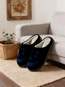 Bottom Blue Smiley Face Cotton Slippers, Casual Textile Shoes, Low Saturation Color, Soft Plush Lining, Fall & Winter Home Wear