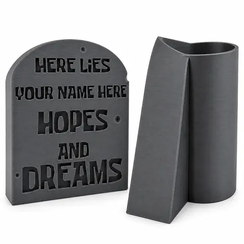 VECTORDESIGNSARIZONA 3D Printed Engraved Text Plastic Tombstone Sign - 4x3.5in Charcoal Desk Organizer, Personalized Name Pencil Holder, Gothic Humor Home Office Decor Built for Gifting to Coworker (Birthday, Business) for Adults
