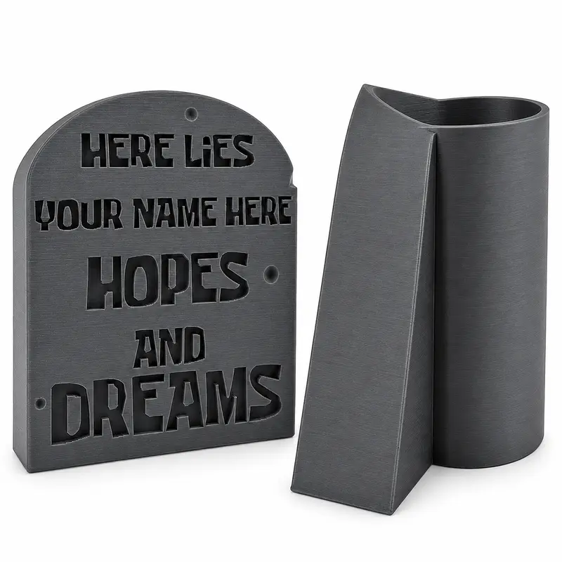 VECTORDESIGNSARIZONA 3D Printed Engraved Text Plastic Tombstone Sign - 4x3.5in Charcoal Desk Organizer, Personalized Name Pencil Holder, Gothic Humor Home Office Decor Built for Gifting to Coworker (Birthday, Business) for Adults