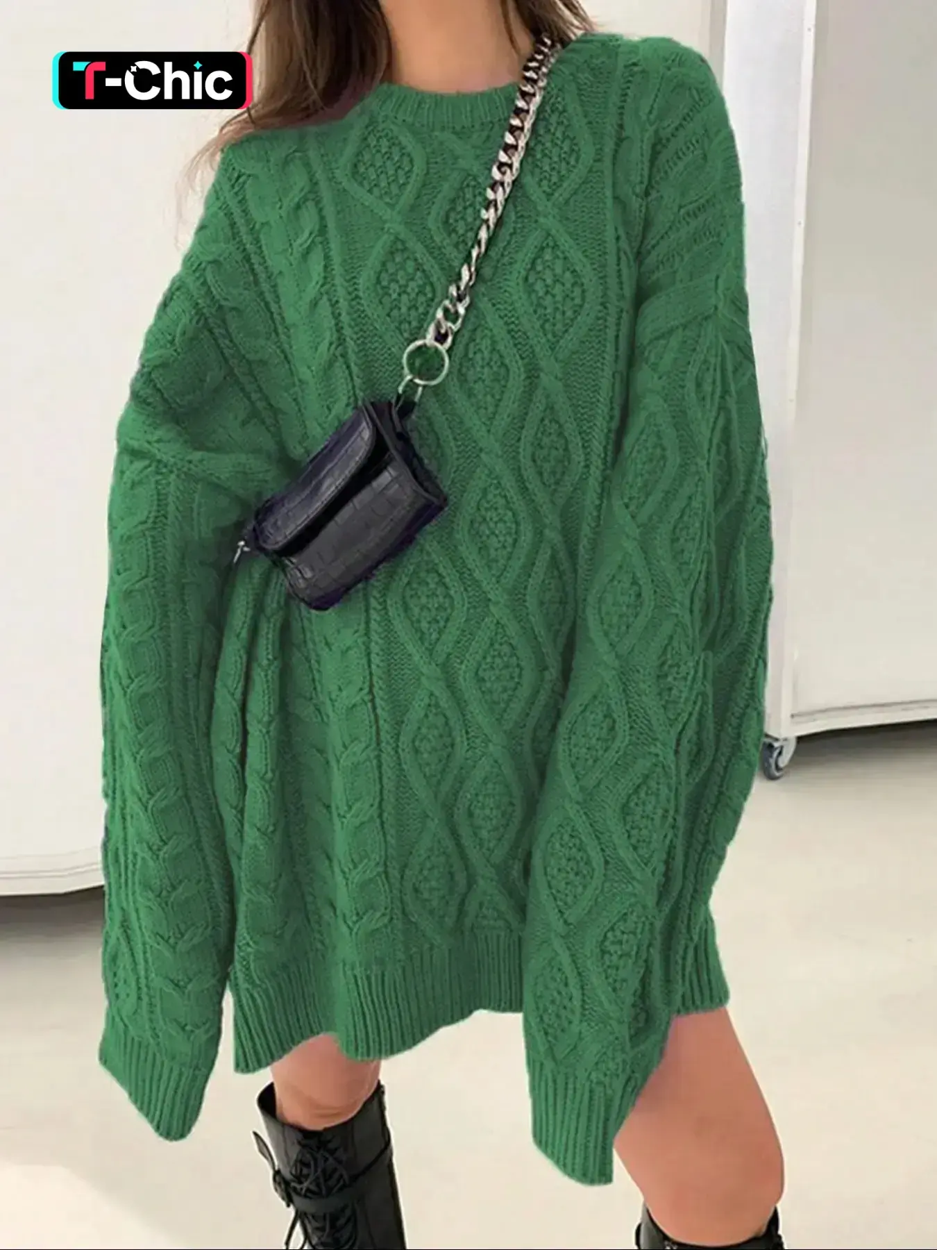 Women's Plain Cable Knit Drop Shoulder Sweater, Casual Long Sleeve Round Neck Jumper for Fall & Winter, Fashion Ladies' Knitwear for Daily Wear