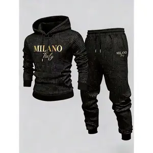 Men's MILANO Gold Print Hoodie Set, Circuit Pattern Casual Sports Jogger Pants 2-Piece Outfit