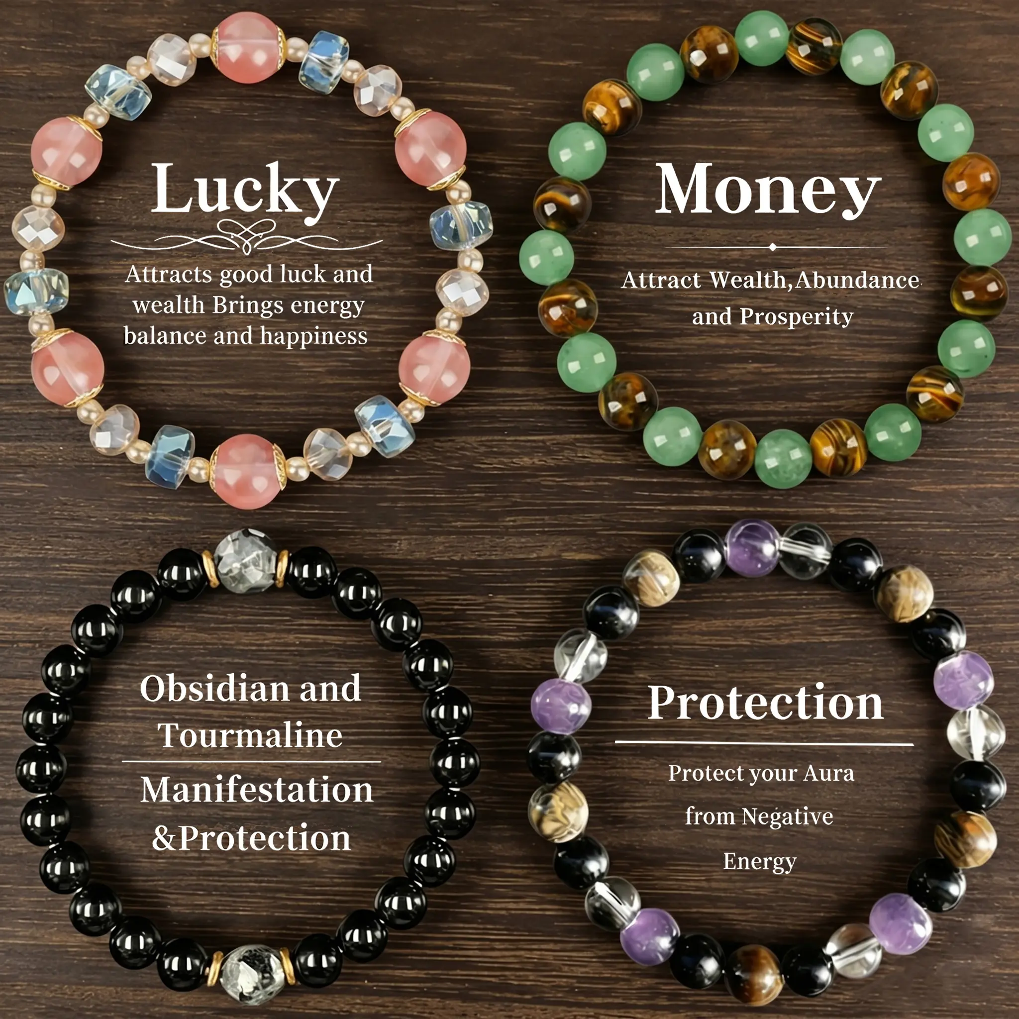 Exquisite Boho Crystal Beaded Bracelets - Obsidian, Black Tourmaline & Tiger Eye for Money Attraction, Elegant Elastic Stacking Jewelry for Party Daily Wear, Good Luck Gift bracelet for Women Men Couples, Ideal Gift for Mom's Day, backtoschool