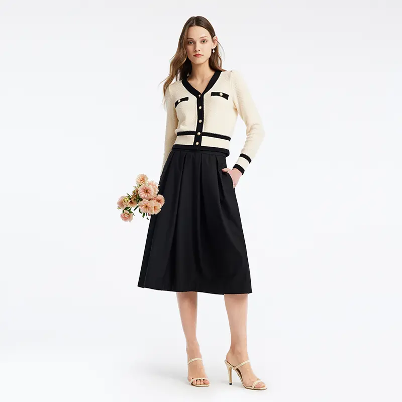 GOELIA Classic Knitted Jacquard V-Neck Button Front Contrast Binding Long Sleeve Women's Cardigan & Skirt 2 Piece Sets