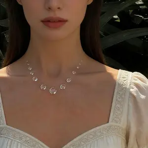 A Women'S Elegant Symmetrical Beaded Necklace Featuring Transparent Artificial Crystal Spherical Beads And an Adjustable Lobster Clasp - Handcrafted Shiny Jewelry, Perfect for Valentine'S Day, Parties, And Everyday Wear