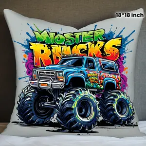 1pc, Colorful Monster Truck with Splashing Colors Throw Pillowcase Cover, Single-sided Printing, No Pillow Core, 18*18inch, Short Plush Cushion Cover, Country Style, Birthday Gift, Suitable for Christmas, Halloween, Thanksgiving, Easter, Valentine's Day,