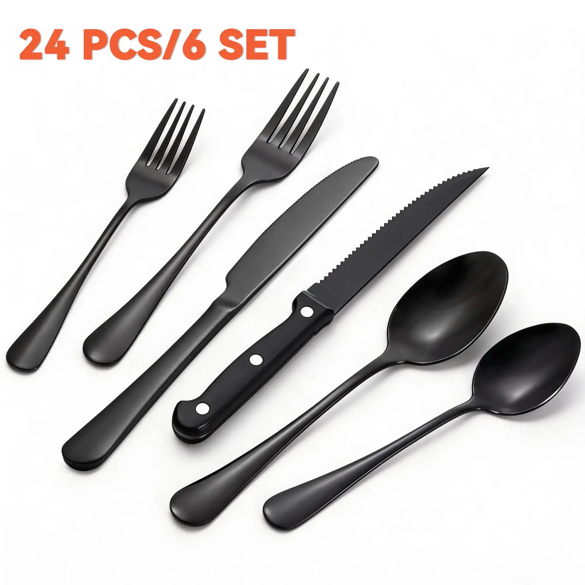 24-Piece Food-Grade Stainless Steel Black Flatware Set for 4, Mirror-Polished Kitchen Cutlery Set with Steak Knives, Knife Fork Spoon Tableware for Restaurant Use