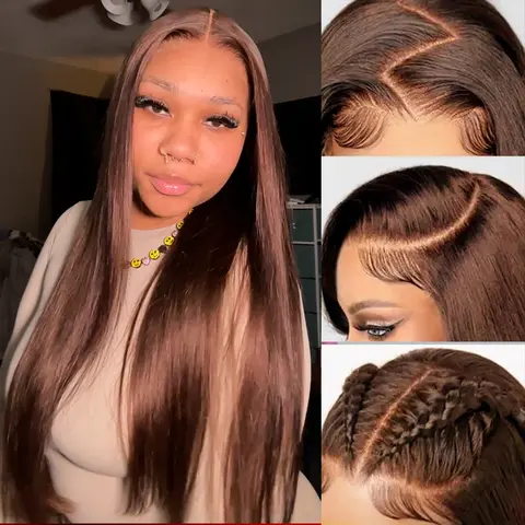 [#4 Chocolate Brown] Megalook 13x6 Glueless HD Lace Frontal Wigs Silky Straight HD Lace Glueless Wig Pre Bleached Tiny Knots Put On Go Beginner Friendly #Summervibes