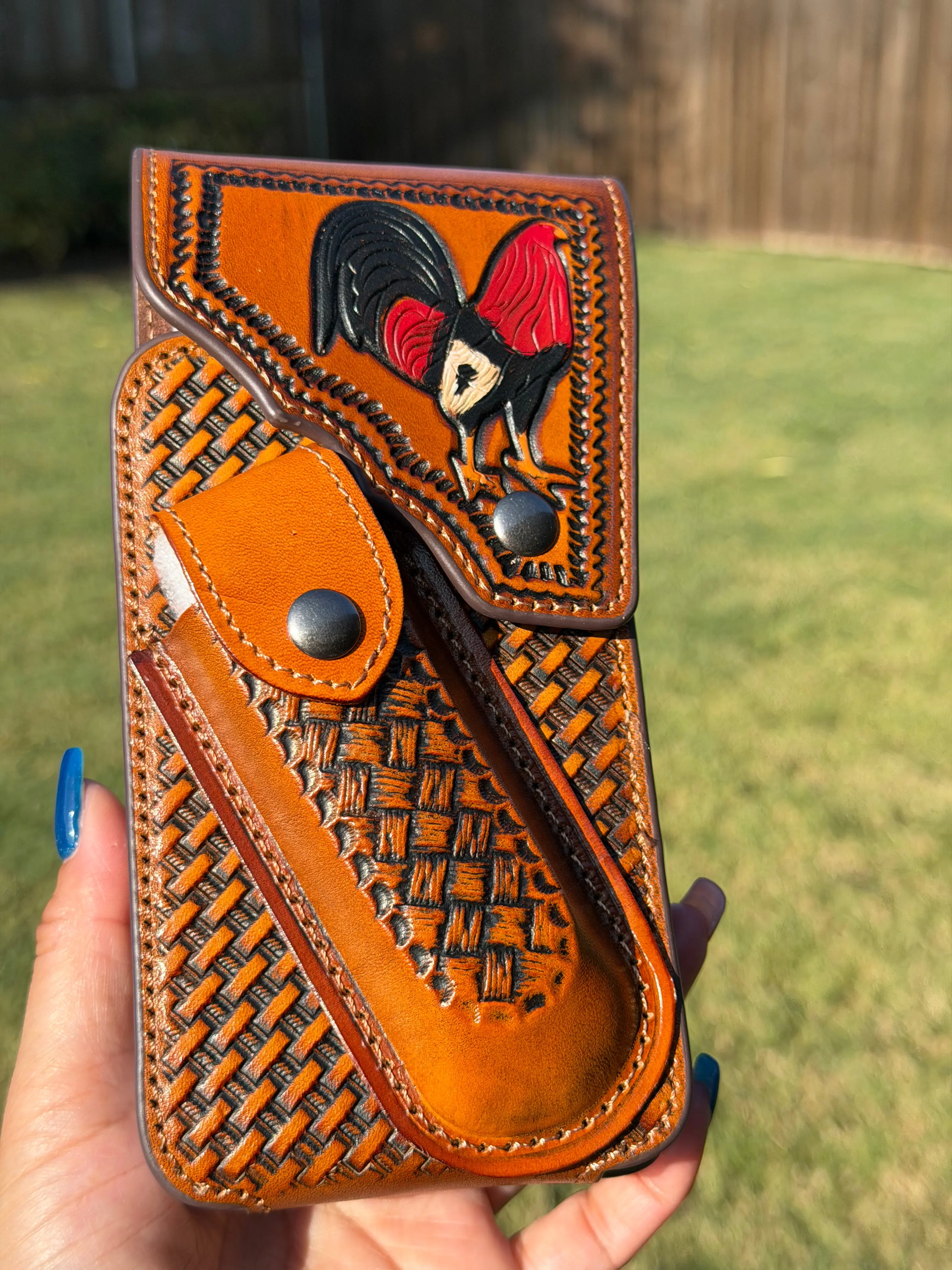 Genuine Leather Basketweave Mobile Phone Holster - Hand-Tooled Rooster Art Design, Snap Closure