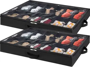 Under Bed Shoe Storage Organizer Set of 2, 4.3 Inches Tall Low Profile Fabric Shoes Container Box with Clear Cover, Foldable Storage Bag with 2 Handles, Total Fits 24 Pairs of Shoes, Black