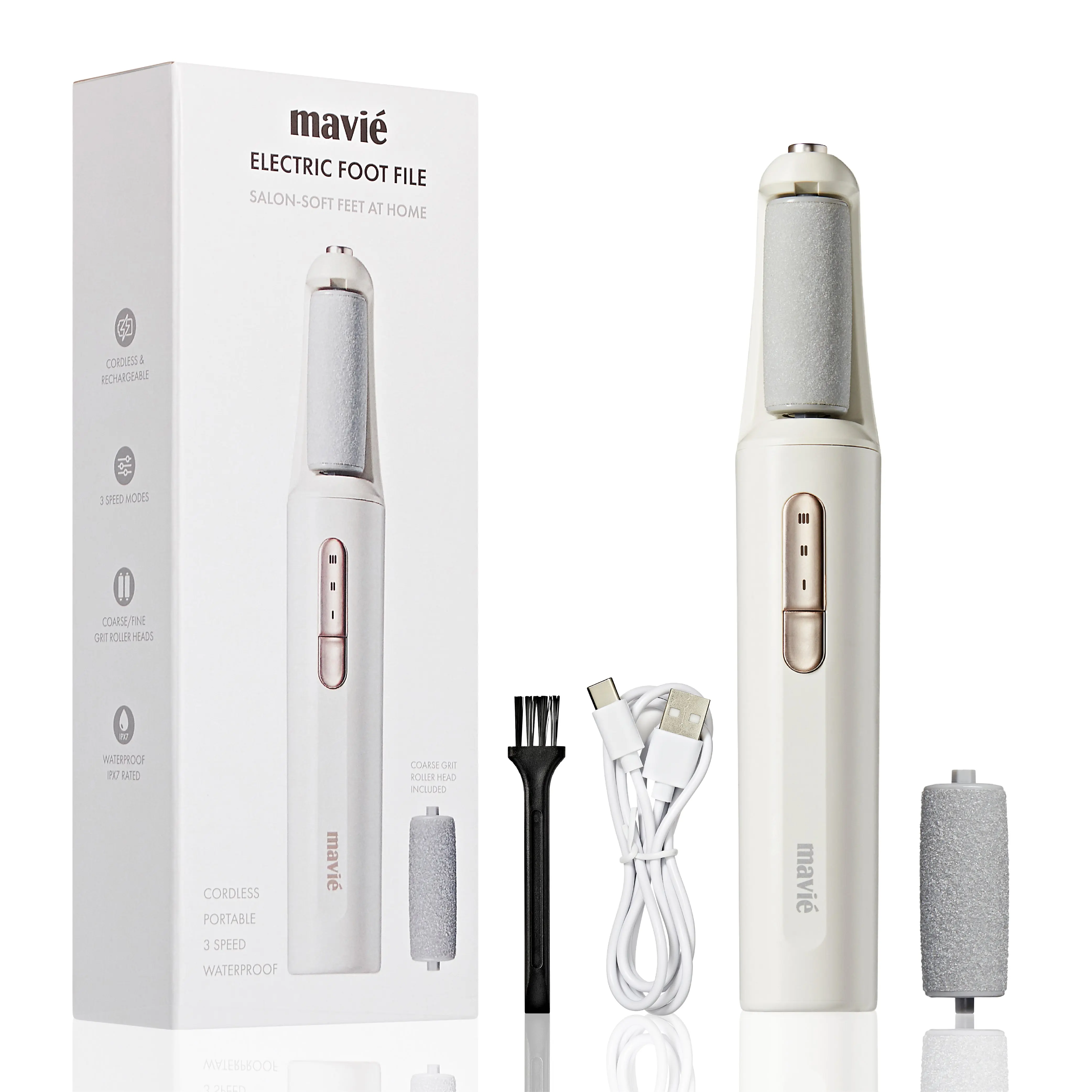 MAVIE Electric Foot File & Callus Remover – Cordless Professional Pedicure Tool with 3 Speeds & Dual Rollers (IPX7 Waterproof)