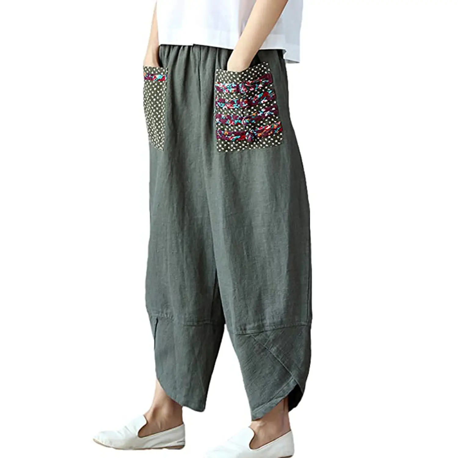 Mordenmiss Women's Vintage Colorblock Patchwork Lightweight Cotton Linen Loose-Fitting Harem Pants - Elastic Waist, Irregular Pants Cuff, Pockets, Draped Fabric, Original Design, Machine Wash, All Seasons Street Style for Casual Party Wear
