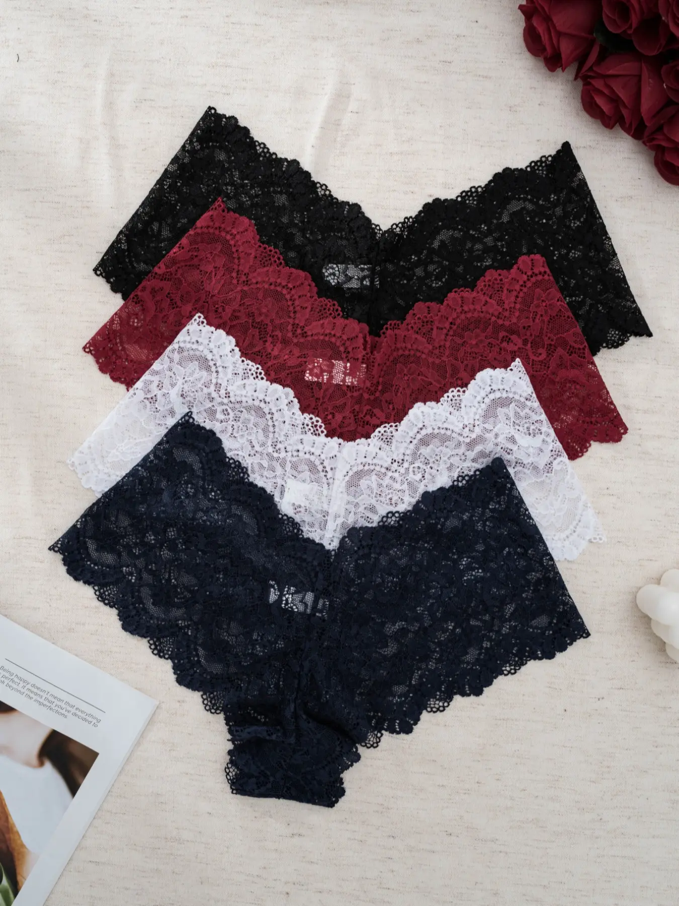 Women's Underwear Set, 4-Piece Floral Lace Hipster Panties, Sexy Wave Edge Design, Comfortable Fashion Daily Wear, Trim Lace Panty, Knicker Set