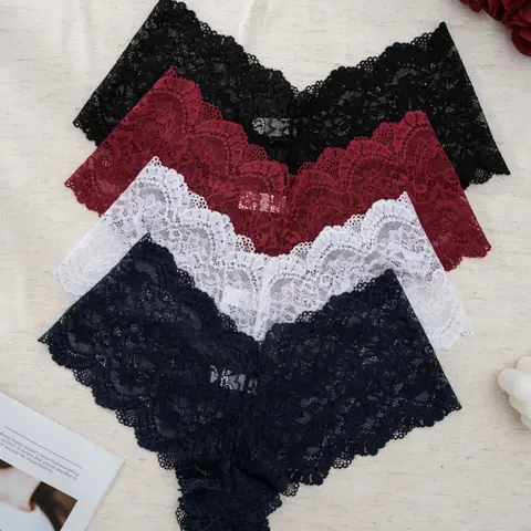 Women's Underwear Set, 4-Piece Floral Lace Thongs, Sexy Wave Edge Design, Comfortable Fashion Daily Wear, Ladies Panties Aesthetic