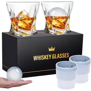 Whiskey Glasses Set of 4 with 2 Big Ice Ball Molds - 11oz Old Fashioned Bourbon Glasses in Gift Box, Crystal Barware for Scotch/Rum, Ideal Christmas & Thanksgiving Gifts for Men