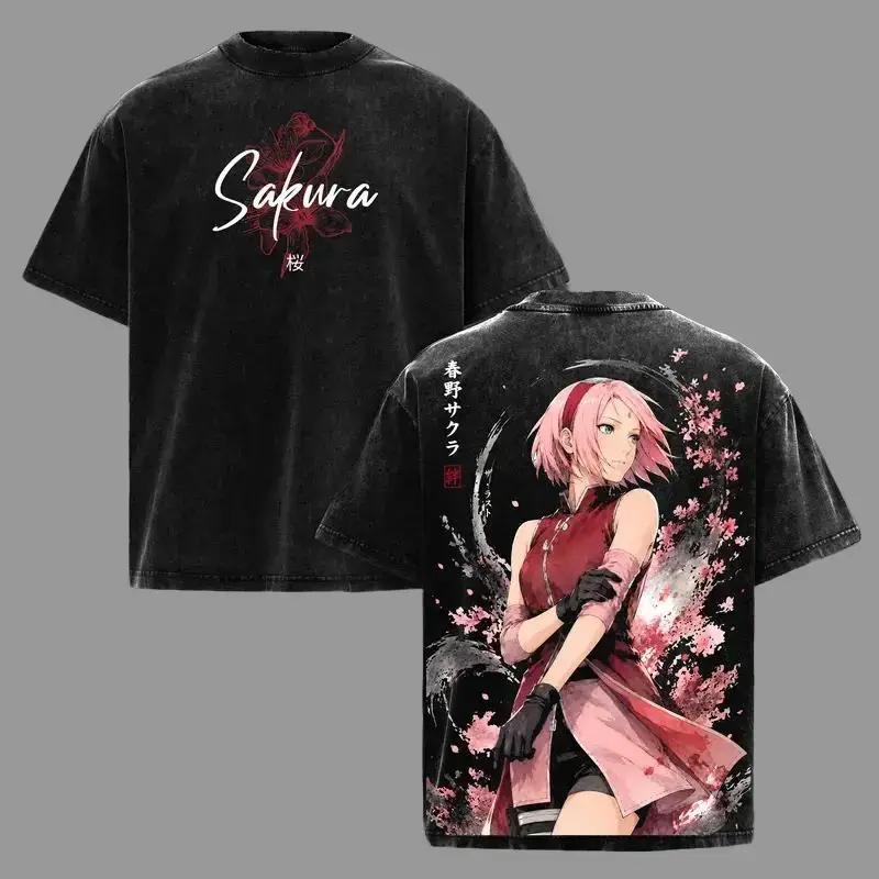 Naruto Sakura Haruno Black Wash T-Shirt | Oversized Heavyweight Anime Tee Cherry Blossom Graphic Print Red Kanji Font Vintage Goth Grunge Streetwear Top Unisex Crewneck Tshirt