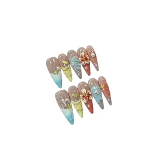 Hailey's stiletto summer vibe beach style colorful flora luxury acrylic handmade press on nails A4