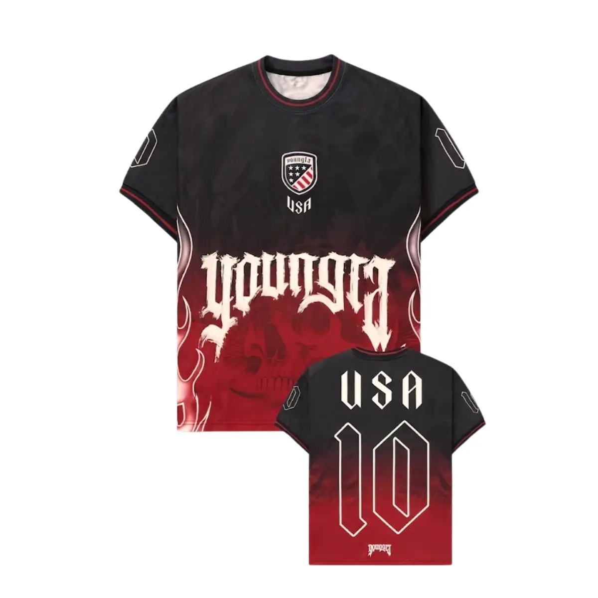 USA Number 10 Soccer Jersey Shirt, Skull Graphic Football Fan Tee, Black Red American Streetwear Jersey, USA Supporter Gift, Unisex Athletic Shirt