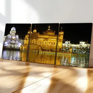3-count wooden frame canvas, three-poster for the night view of the Golden Temple, architectural pattern art decoration, exquisite living room wall decoration, fashionable family poster, suitable for bedrooms, offices, corridor art