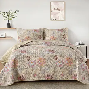 Floral Set Queen Size, Khaki Botanical Queen Bedspread Bedding Sets Soft Lightweight Microfiber Flower Coverlet Set 3 Pieces for All Season (96"x90")