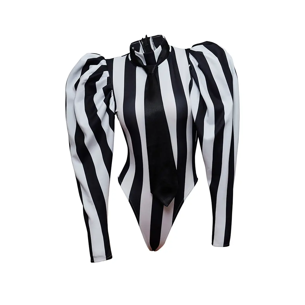Women's Beetlejuice Adam Cosplay Jumpsuit - Fitted Black and White Striped Bodysuit, Bohemian Halloween Outfit with Accessories