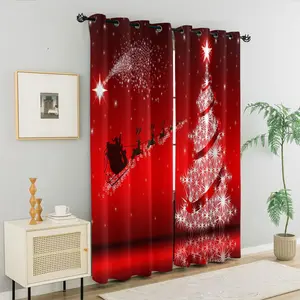 Christmas Night Star Sleigh Bedroom Living Room Curtains, Christmas tree with Shining Red Background Cozy Holiday Decorative Shades , Eco-Friendly Printing, Medium Thickness