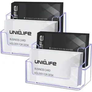 2 Pack Acrylic Business Card Holder for Desk 2 Slots Clear Business Card Display Stand for Men & Women Desktop Business Card Organizer for Office Home Exhibition, 120 Card Capacity
