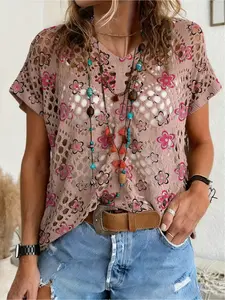 Spring/Summer style, V-neck diamond hollow-out loose batwing raglan short sleeve cover-up, contrast color floral print women's knitted top, vacation style, for daily commute, bikini cover-up, Swimsuit cover ups, Bohemian beach vacati
