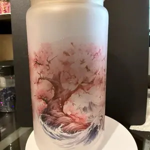 Cherry Blossom 16oz Glass Cup with Beautiful Tree Design and Wave Pattern