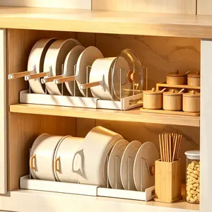 Expandable Kitchen Cabinet Organizer for Pots, Pans & Lids, 7 Adjustable Stainless Steel Dividers, Multi-Purpose Storage Rack for Cutting Boards, Bakeware Utensils, Pot Lid Holder, Easy Clean Rust Proof, Countertop or Cabinet (White/Grey)