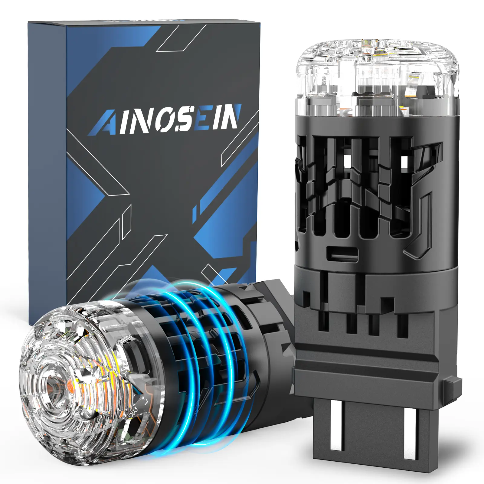 AINOSEIN 3157 Switchback LED Bulb with Built in Resistor & Turbofan, 30W 4000LM Amber and White 3057 4157 CANBUS Anti Hyper Flash Error Free for Front Turn Signal Blinker DRL Parking Light, Pack of 2