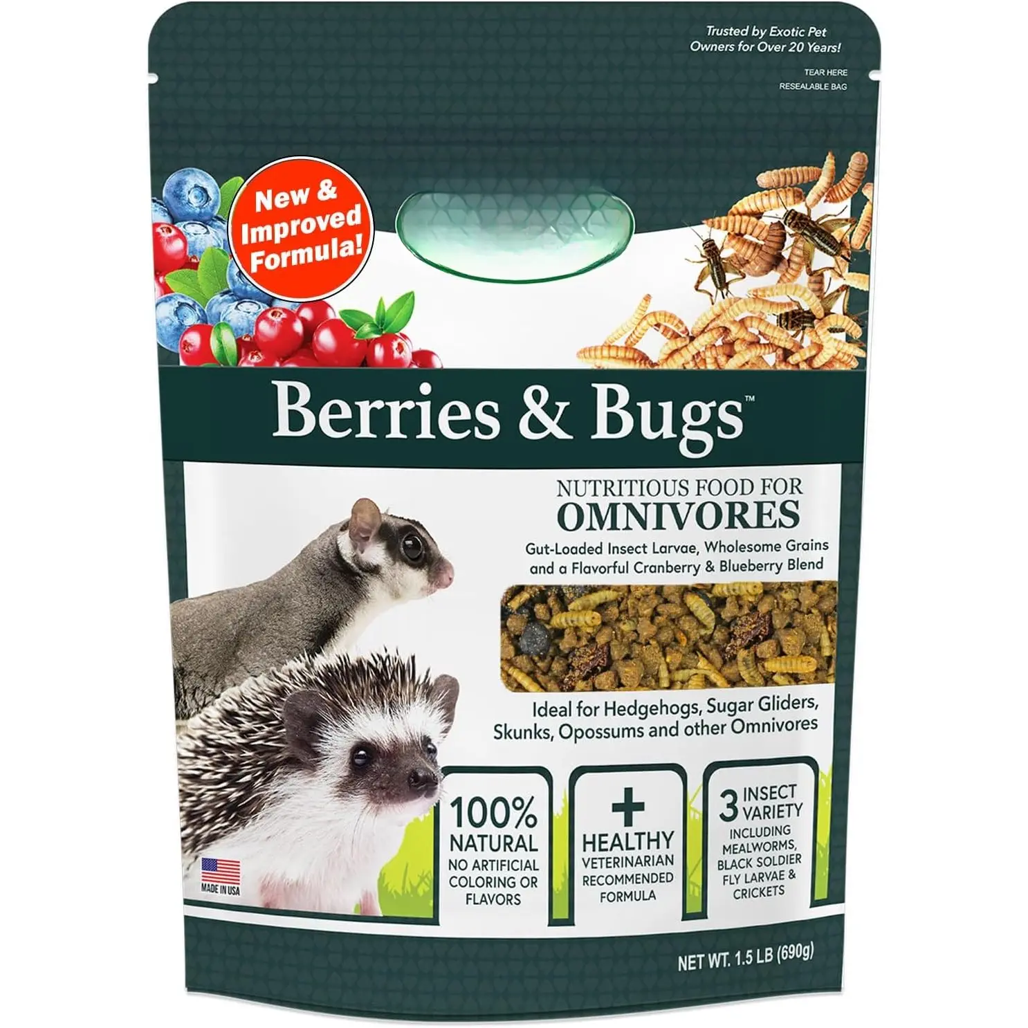 Berries & Bugs 1.5 lb (690g) Natural High-Protein High-Fiber Insectivore Food for Hedgehogs - Gut-Loaded Insects, Fruit, Vitamins, No Bag Option, Resealable Bag for Storage to Keep Sealed (Small Animal Health Supplies)