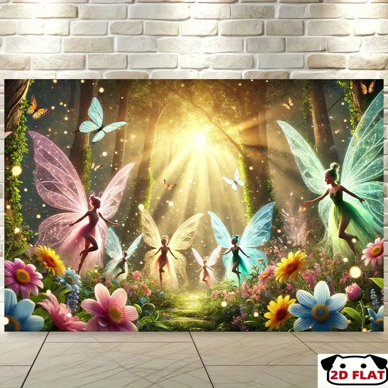 2D Flat Banner 1pc, Home Decor Banner, Enchanted Fairy Backdrop - Sunlit Forest Scene, Colorful Fairies & Butterflies, Living Room, Bedroom, Outdoor Decorations, Parties & Holiday Gifts, Party Decorations, Wall Backdrop