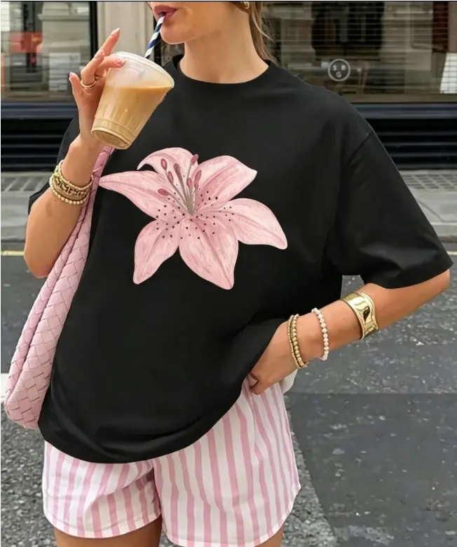 Women's Casual Black TShirt, Pink Lily Floral Graphic Print, Trendy Streetwear Tee, Comfortable, Aesthetic Summer Top for Daily Wear, Relaxed Fit