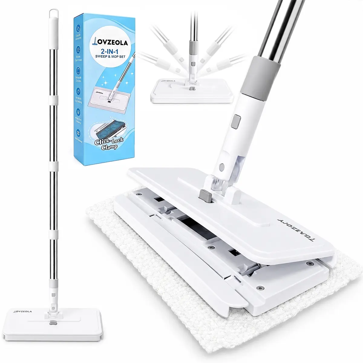 JOVZEOLA Hands-Free Flat Mop for Floor Cleaning - 1-Click Snap Grip, Easy Cloth Changing, Swiffer Pad Compatible, 50-Inch Adjustable Handle, Dry/Wet Clean for Hardwood & Tile Floors, Includes 20 Dry Pads, Mop Floor Cleaning