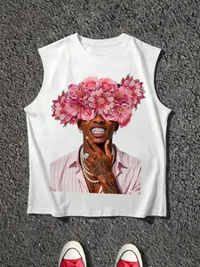 Men's Hip Hop Tank Top, Floral Headband and Grillz Print, Streetwear Loose White Sleeveless T-Shirt, Retro Streetwear Loose White Top, Streetwear Y2K Cropped Top Minimalist, Street Trend, Personal Fashion, Daily, Back to School, Commuting, Holiday Gift