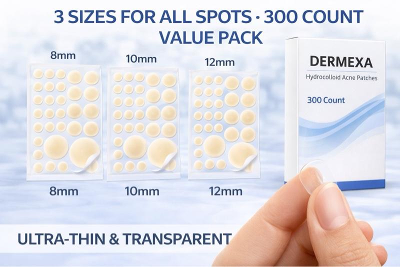 Dermexa Hydrocolloid Acne Patches – Invisible Blemish Covers, Ultra Thin, Absorbing Dots, 300 Count, 10 Sheets, 300 Patches, Gentle on Skin, Strong Adhesion - Pimple