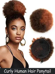 Clip in Afro Kinky Puff Human Hair Donut Ponytail 4-6-8 Inch Drawstring High Bun Updo Extensions for Black Women’s Hairstyle Use