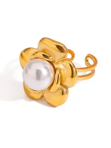 Women's Sweet Romantic Adjustable Open Ring, 18k Stainless Steel Flower Pearl Design, Elegant Jewelry Gift for Her