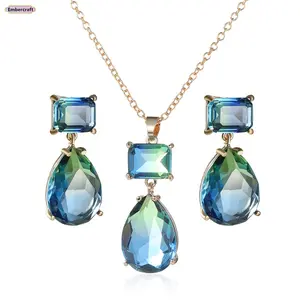Aesthetic Teardrop Jewelry Set Ombre Tourmaline Earrings Necklace Set Trendy Sparkly Lightweight Pendant Set for Party Wedding Date Night Outfit