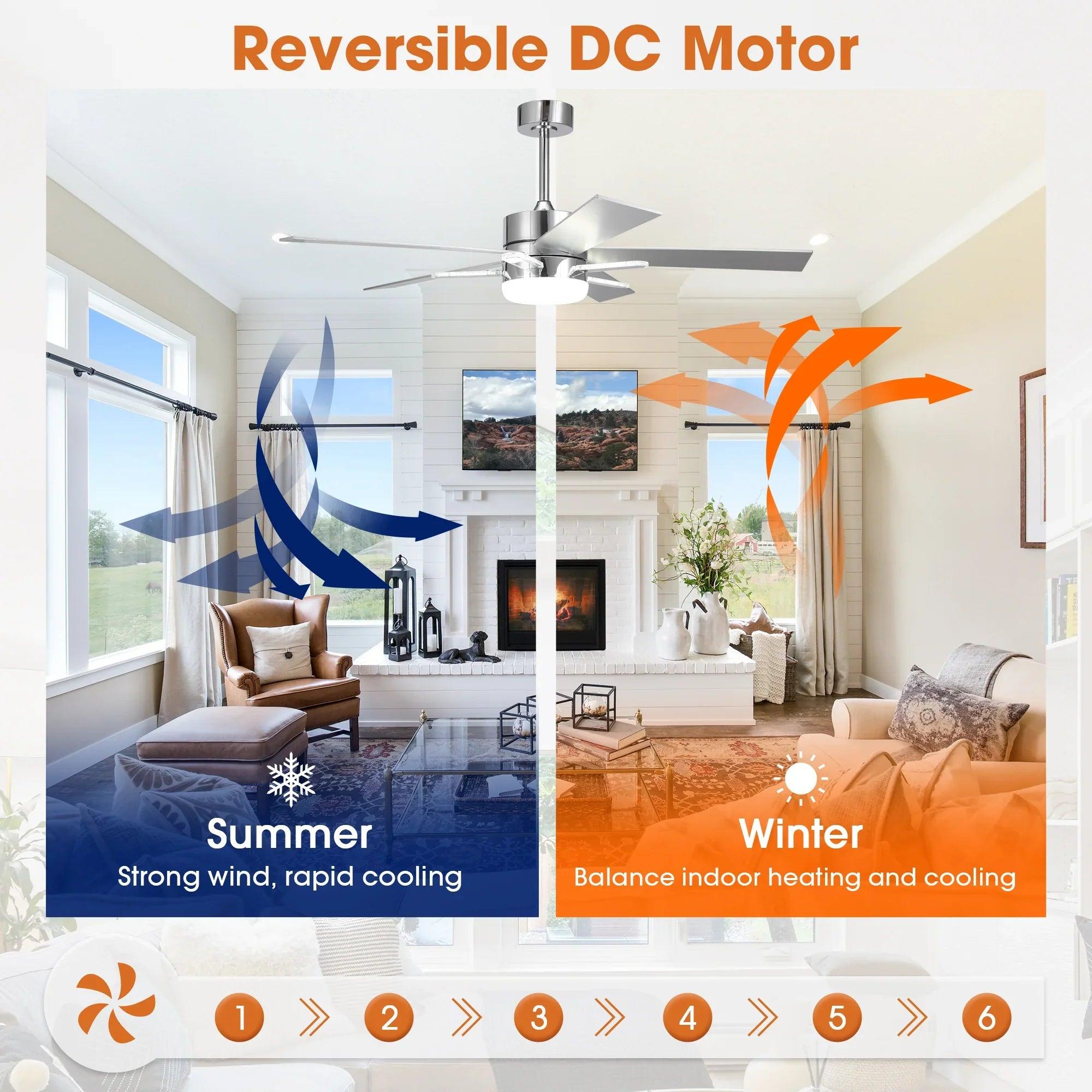 52" Modern Ceiling Fan Double-sided Blades with Main & Side LED Light Downrod Mount