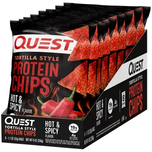 Quest Tortilla Style Protein Chips with 19g of Protein, Hot & Spicy Flavor, 1.1 Oz Bags, 8 Count Snacks Crispy