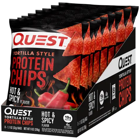 Tortilla Style Protein Chips with 19g of Protein, Hot & Spicy Flavor, 1.1 Oz Bags, 8 Count Snacks Crispy