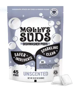 Molly's Suds Dishwasher Pods, Natural Dishwasher Detergent, Cuts Grease & Rinses Clean (Residue-Free) for Sparkling Dishes, 45 Auto-Release Tabs (Unscented)