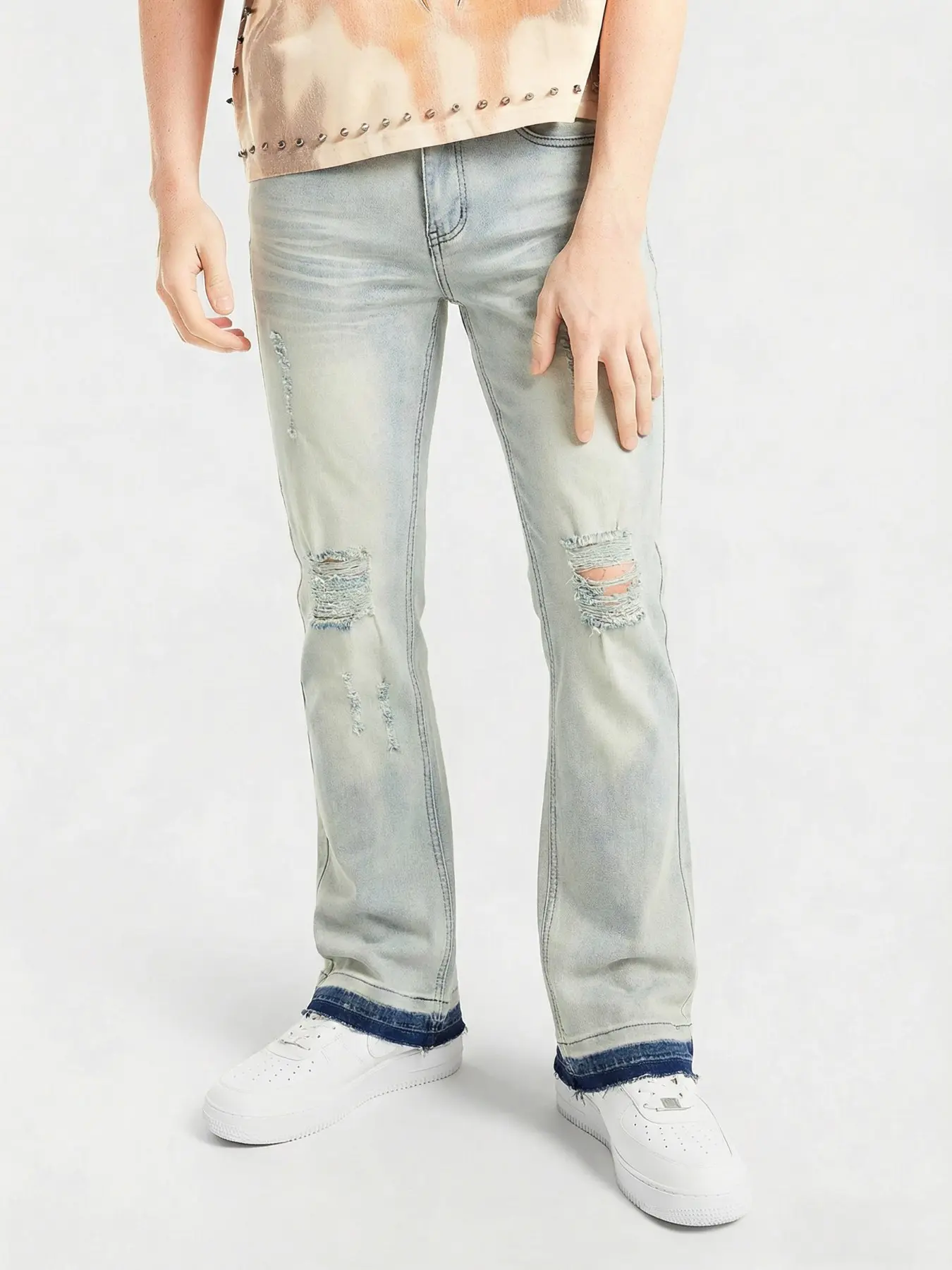 Men's Vintage Stone Washed Flared Denim Jeans, Elastic Fitting