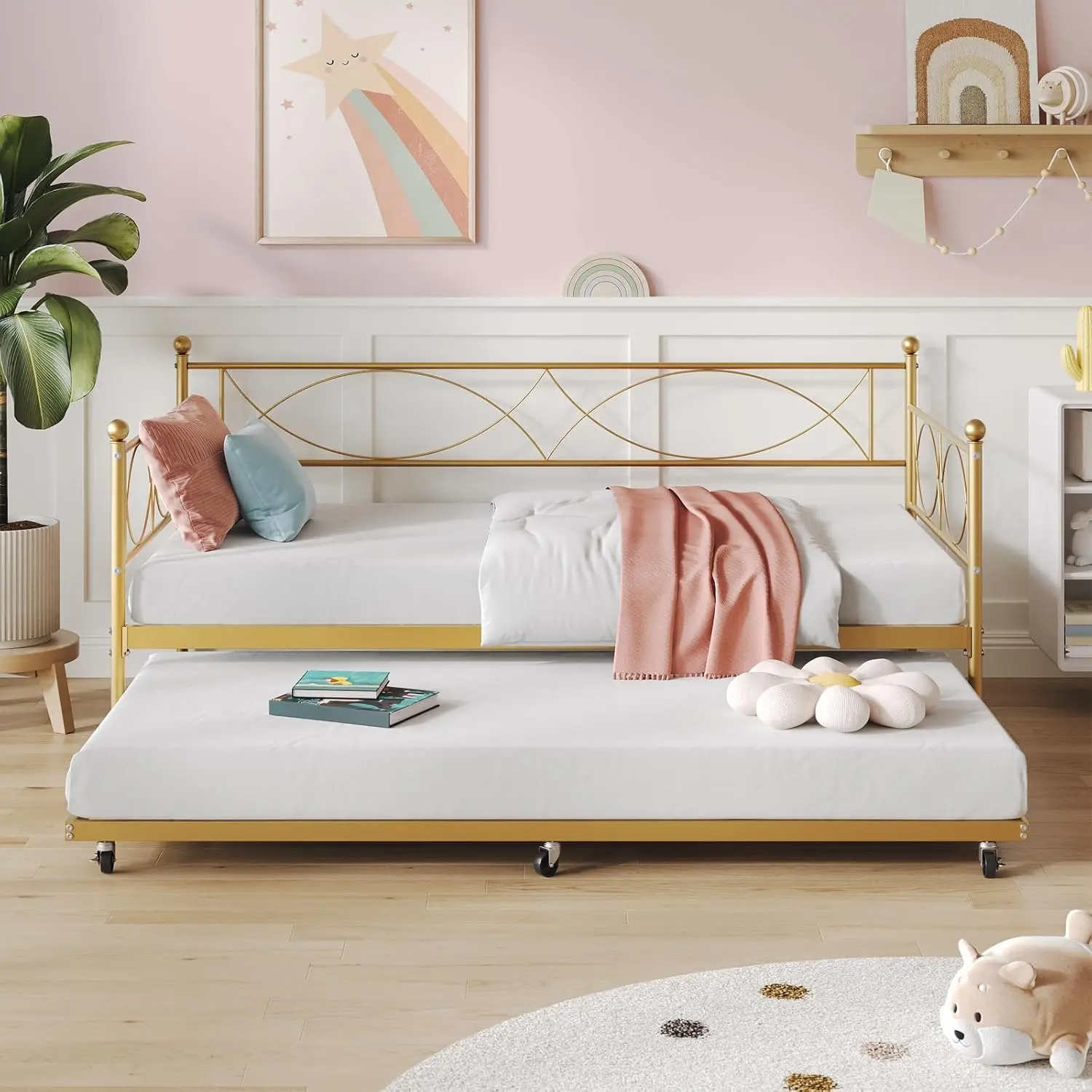 Twin daybed with Trundle, Metal Twin Daybed and Trundle Set, Day Bed Sofa Bed Frame with Steel Slat Support, Multifunctional Daybed Frame for Bedroom (Gold Sets)