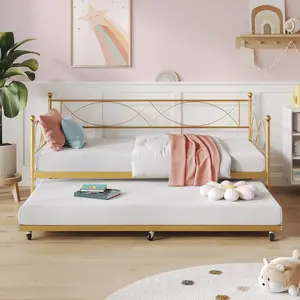 Twin daybed with Trundle, Metal Twin Daybed and Trundle Set, Day Bed Sofa Bed Frame with Steel Slat Support, Multifunctional Daybed Frame for Bedroom (Gold Sets)