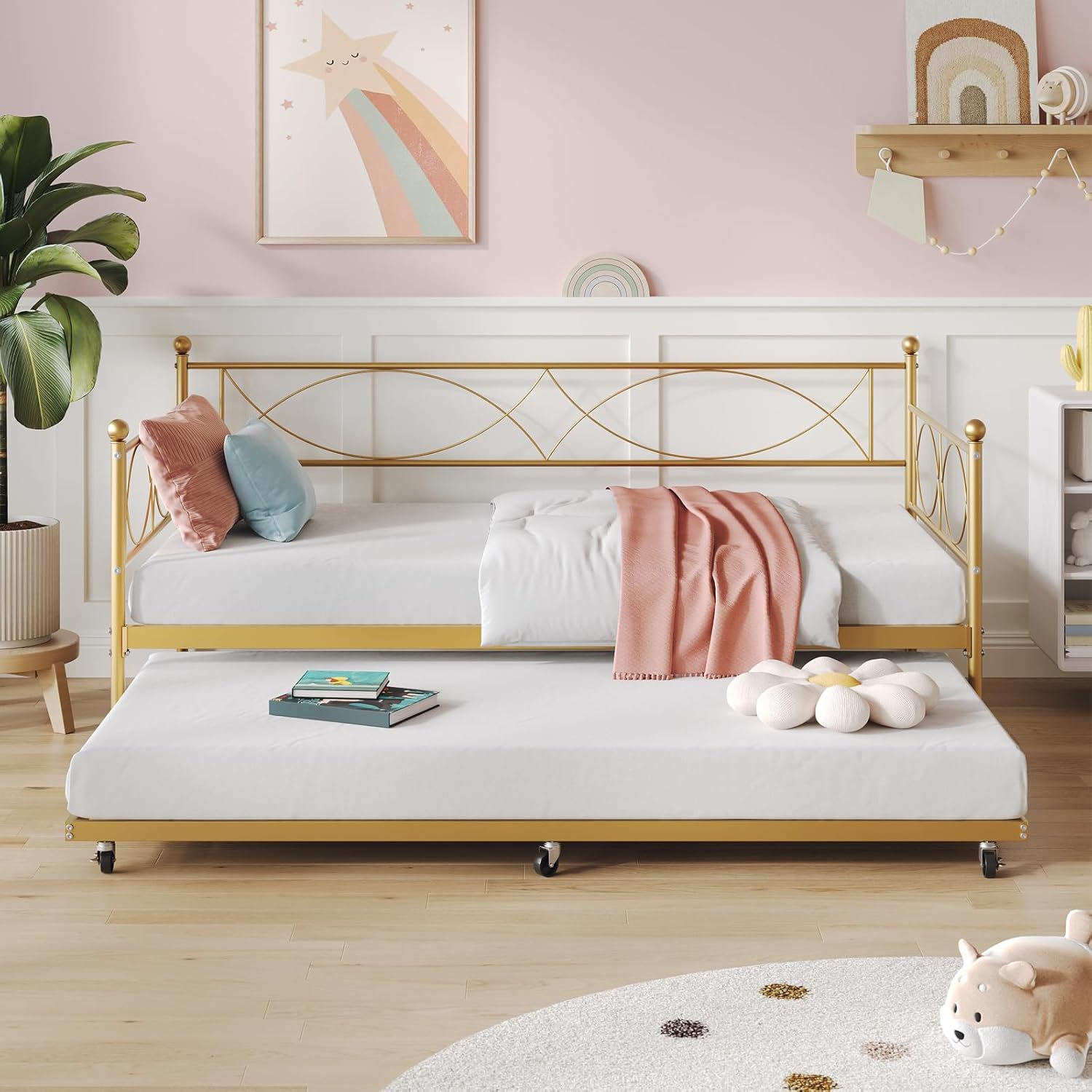 Twin daybed with Trundle, Metal Twin Daybed and Trundle Set, Day Bed Sofa Bed Frame with Steel Slat Support, Multifunctional Daybed Frame for Bedroom