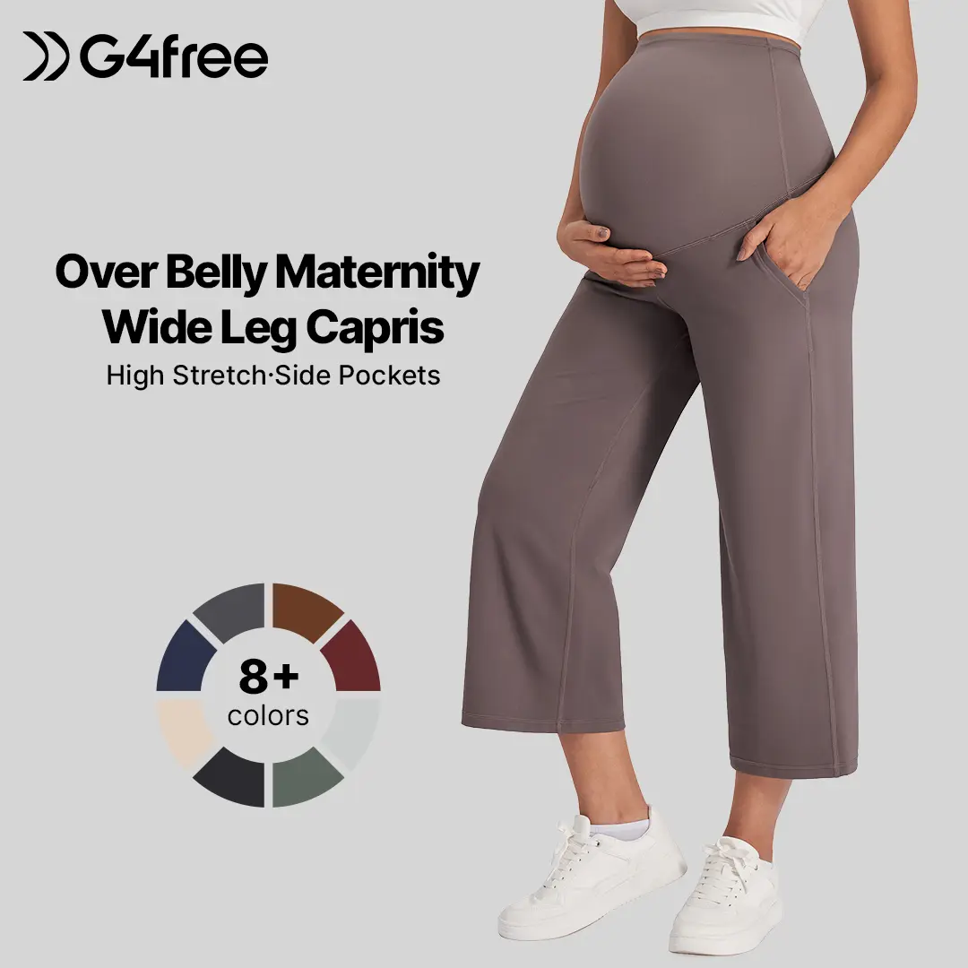G4Free Wide Leg Maternity Yoga Capris Over The Belly Stretch Pregnancy Cropped Pants with Pockets